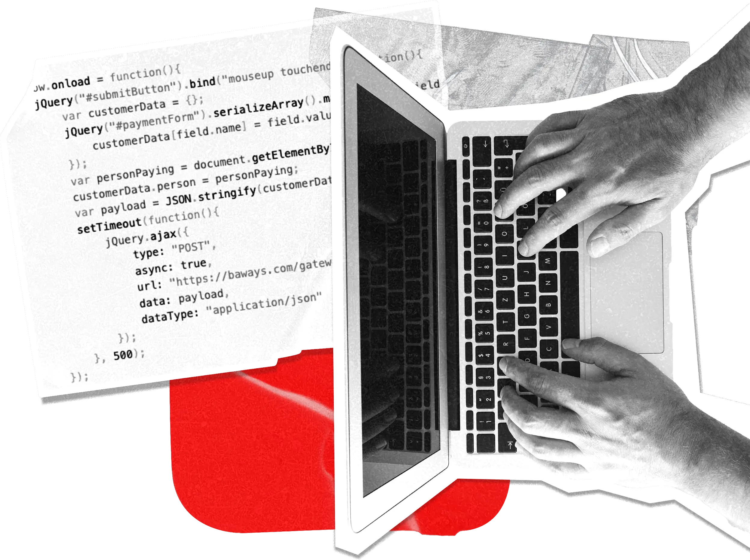 A stack of paper cutouts, one of which is a laptop with hands at the keyboard on top of a cutout of the script that executed the attack